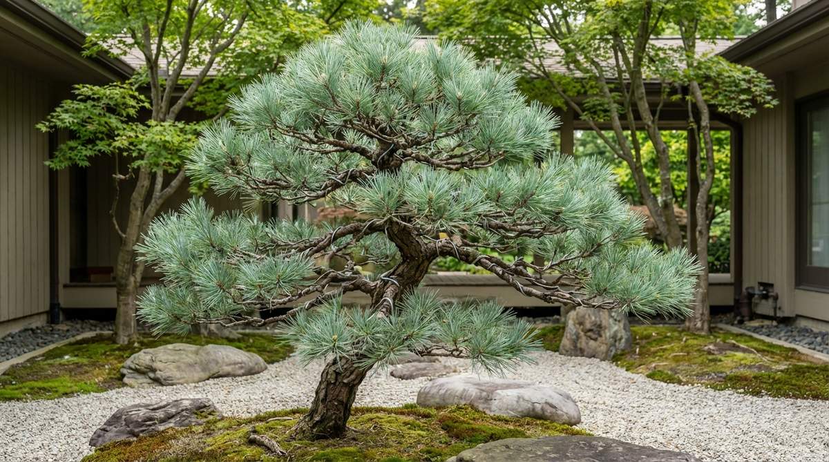 A Japanese White Pine (Pinus parviflora) with soft blue-green needles and elegant branching structure, trained into an informal upright or windswept form through wire and selective pruning. This slower-growing pine is ideal for accenting smaller Zen gardens with its manageable size and tranquil aesthetic.