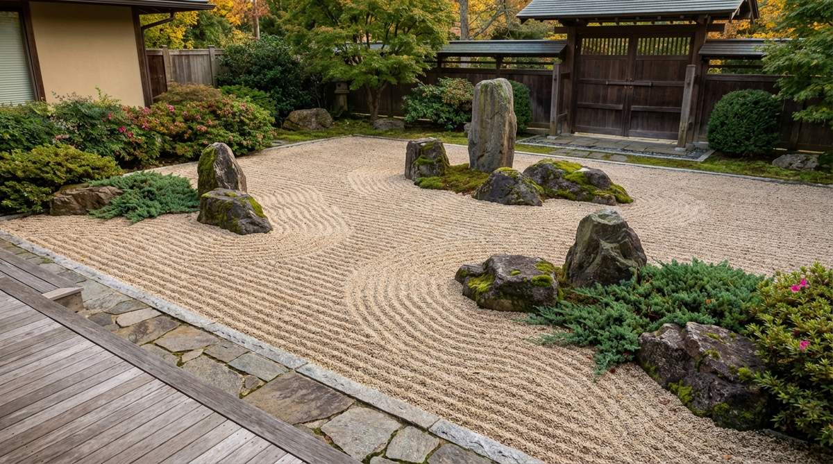 Traditional Japanese dry landscape garden showing carefully arranged rocks representing mountains and raked gravel representing water. The composition follows asymmetric balance principles with odd-numbered groupings, vertical stones suggesting mountain peaks rising from the horizontal gravel plane.