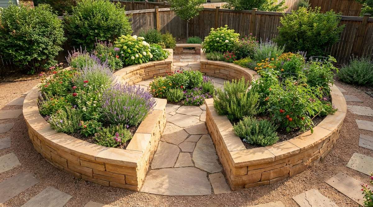 A circular raised garden bed with stone walls forming the outer perimeter and path edges, featuring a central access path that allows gardeners to reach all planting areas without stepping on soil. The keyhole design maximizes growing space while minimizing soil compaction, with stone edges providing hand support for elderly or mobility-limited gardeners.