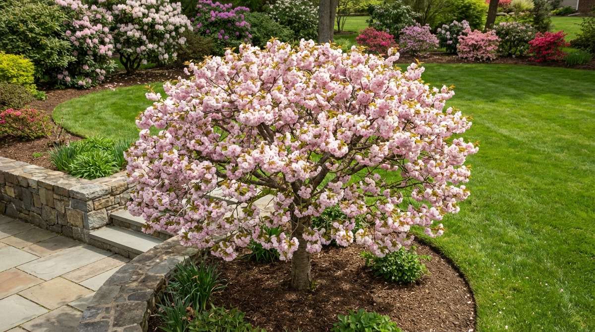 A rare Japanese garden tree cultivar with pale pink chrysanthemum-like flowers containing over 100 petals arranged in pompom clusters. The Kikuzakura cherry tree blooms in mid to late spring, grows to 15-20 feet tall with a rounded form, and requires protected locations with full sun exposure.
