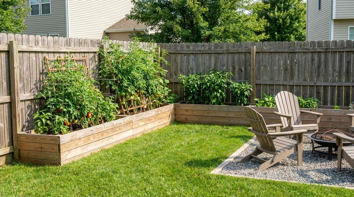 A garden design featuring L-shaped perimeter beds built along two adjacent fence lines in a small backyard, creating protected microclimates and leaving the center open for seating or play areas. The beds are 24-30 inches wide for easy access, with heat-loving crops like tomatoes and peppers planted against the fence to benefit from reflected warmth for accelerated ripening.