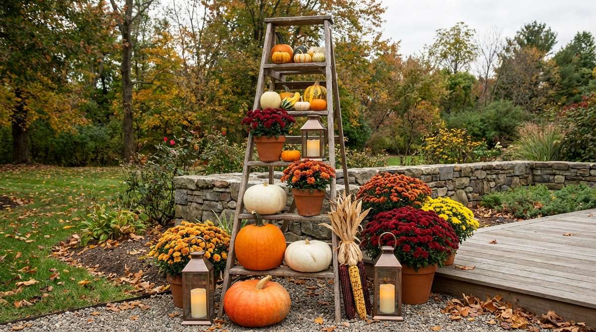 A rustic wooden ladder repurposed as a vertical fall display with pumpkins arranged on each rung, featuring large pumpkins on lower levels and smaller ones ascending upward, accented with potted mums, lanterns, and corn stalks for autumn decor.