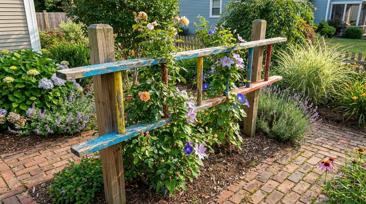 An old wooden ladder repurposed as a vertical trellis in a small garden, with climbing plants ascending the horizontal rungs. The ladder is secured with stakes at the base and painted in bright colors, creating a charming cottage-style garden feature.