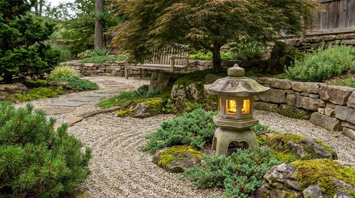 A miniature stone lantern with carved windows and LED lights, positioned off-center in a Zen garden to create asymmetrical balance and traditional Japanese ambiance.