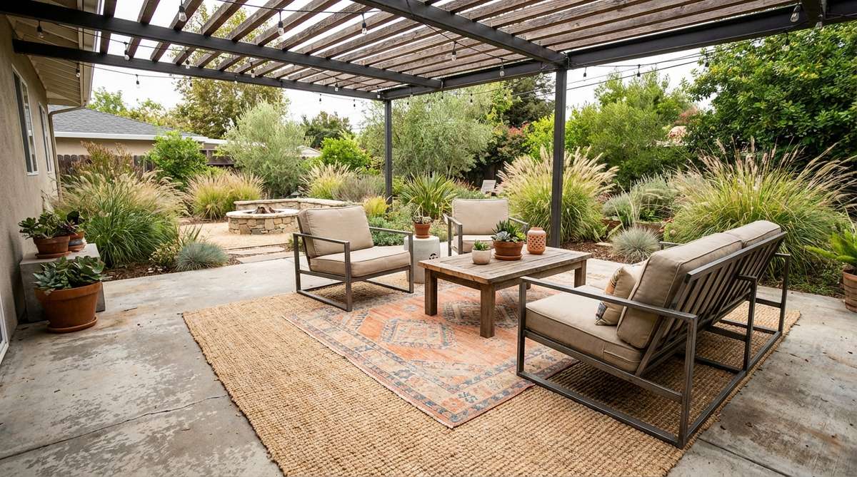 A photo showing weather-resistant outdoor rugs layered on a concrete patio or wood deck to define conversation areas in industrial boho decor, with a large natural fiber rug and a smaller patterned rug on top for added color and bohemian depth.