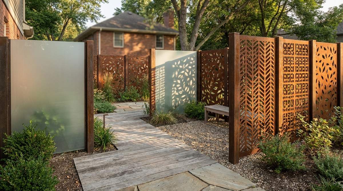 A small garden featuring translucent screens and pierced metal panels for layered screening, creating partial obscurity of background views with laser-cut patterns casting intriguing shadows to add mystery while maintaining visual permeability.