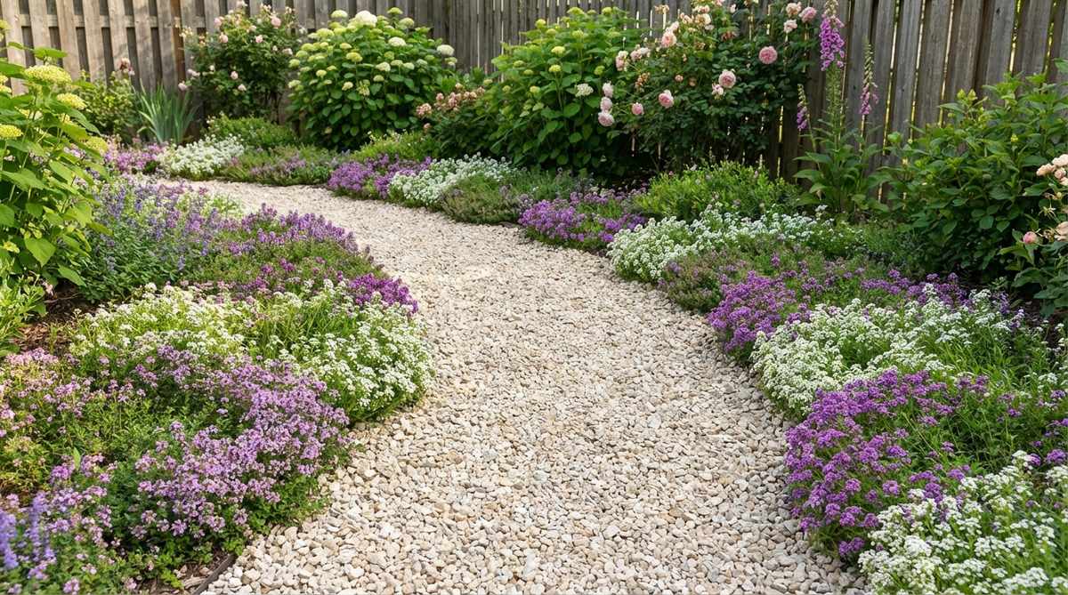 A cottage garden pathway made of crushed limestone gravel with planted edges featuring low-growing perennials like creeping thyme and alyssum. The pale gravel brightens shaded areas while the angular stones compact firmly to reduce migration. The edging plants soften the hard lines of the path and tolerate light foot traffic.