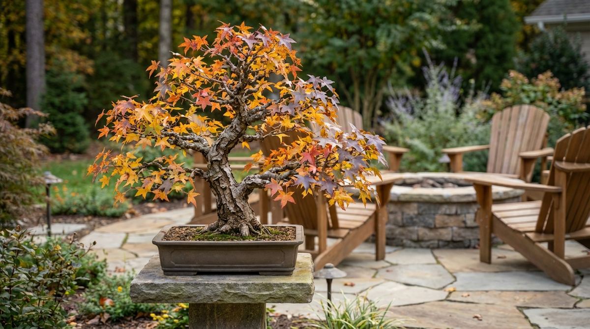 A Liquidambar styraciflua bonsai tree showcasing star-shaped leaves transitioning through autumn colors of yellow, orange, red, and purple, with distinctive corky bark ridges visible after leaf drop. The tree demonstrates mature bonsai cultivation techniques with reduced leaf size through root confinement and careful fertilization.