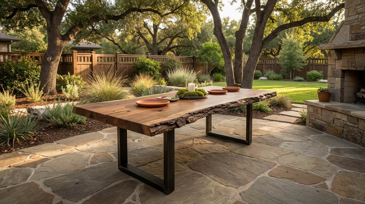A rustic live edge table with natural bark edges and industrial steel legs, perfect for western boho decor. This organic wood slab table provides structural support with metal legs while maintaining visual lightness, ideal for serving platters and centerpieces in a casual, non-formal setting.