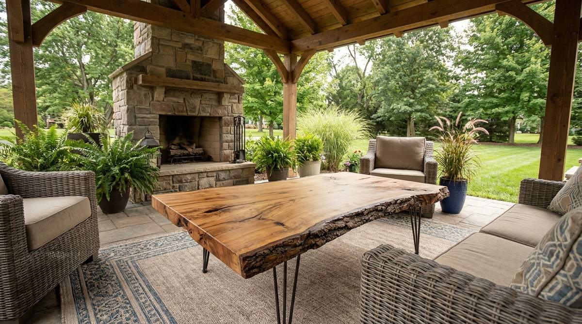 A natural wood slab coffee table with preserved bark edges mounted on metal legs, creating a striking boho garden furniture centerpiece. The organic edge contours showcase wood grain patterns while bringing nature's imperfection into designed outdoor spaces. Sealed with marine-grade finish for weather protection, positioned as an anchor for seating clusters in covered outdoor rooms.
