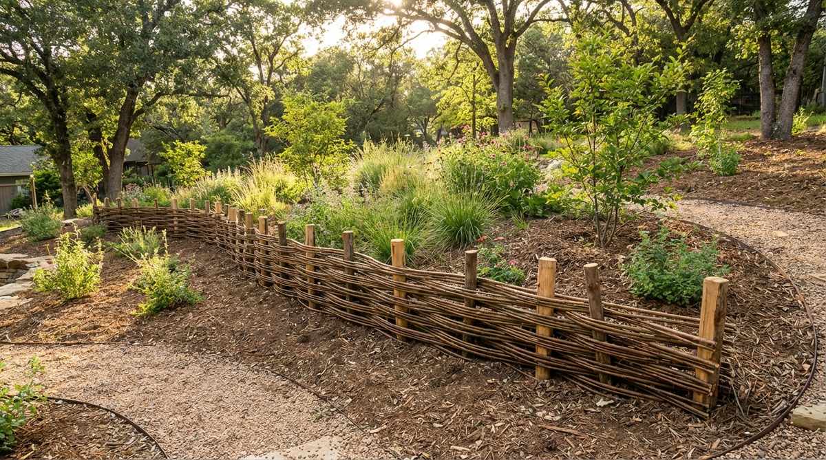 A woven willow branch structure forming a low retaining wall on a gentle slope, with stakes driven deep and shoots woven horizontally in a basket-weave pattern, suitable for naturalistic garden settings and permaculture applications.