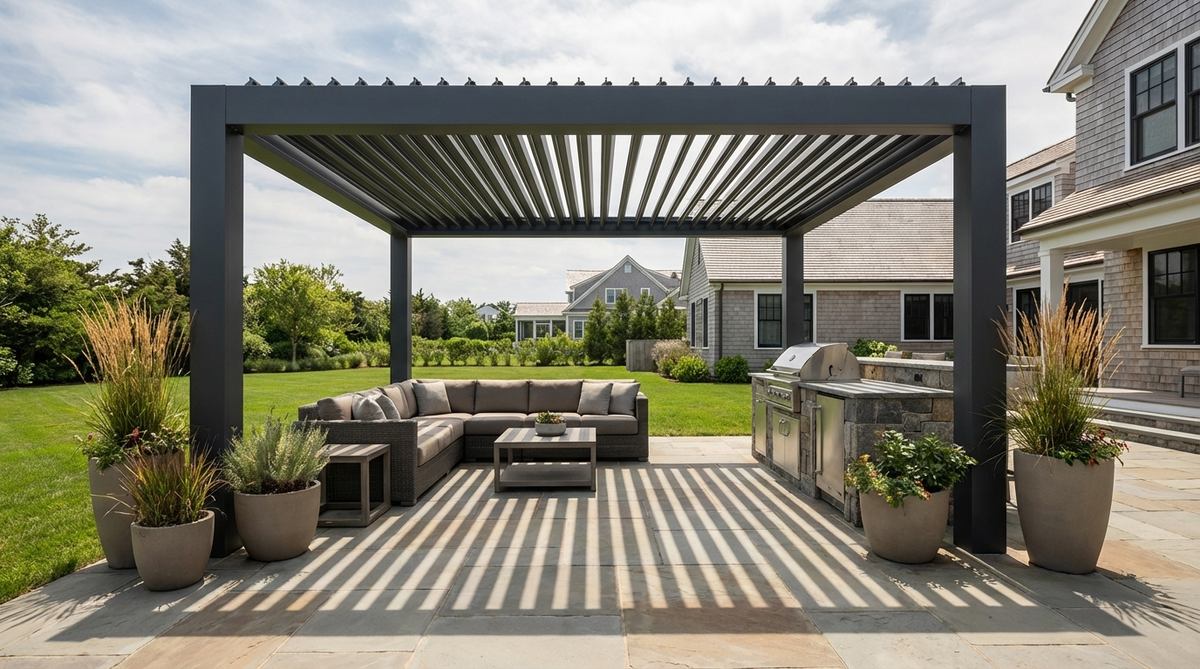 A modern terrace garden featuring a louvered roof pergola with adjustable aluminum slats that control light and ventilation. The motorized system automatically responds to weather changes, providing rain protection while maintaining airflow. The powder-coated finish resists corrosion, making it ideal for coastal environments.