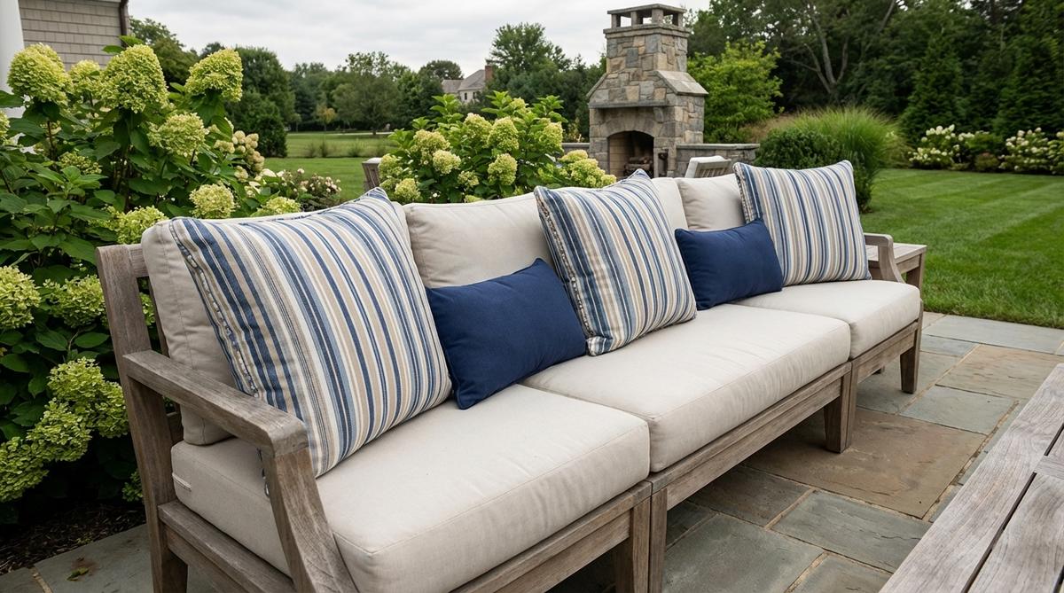 Rectangular lumbar pillows in 12x20 or 14x24 inch dimensions providing targeted lower back support on deep outdoor seating. Positioned between square pillows and seat backs, these pillows work best in solid colors or simple stripes that complement larger patterned squares. One lumbar per seat offers ergonomic benefit without cluttering outdoor furniture.