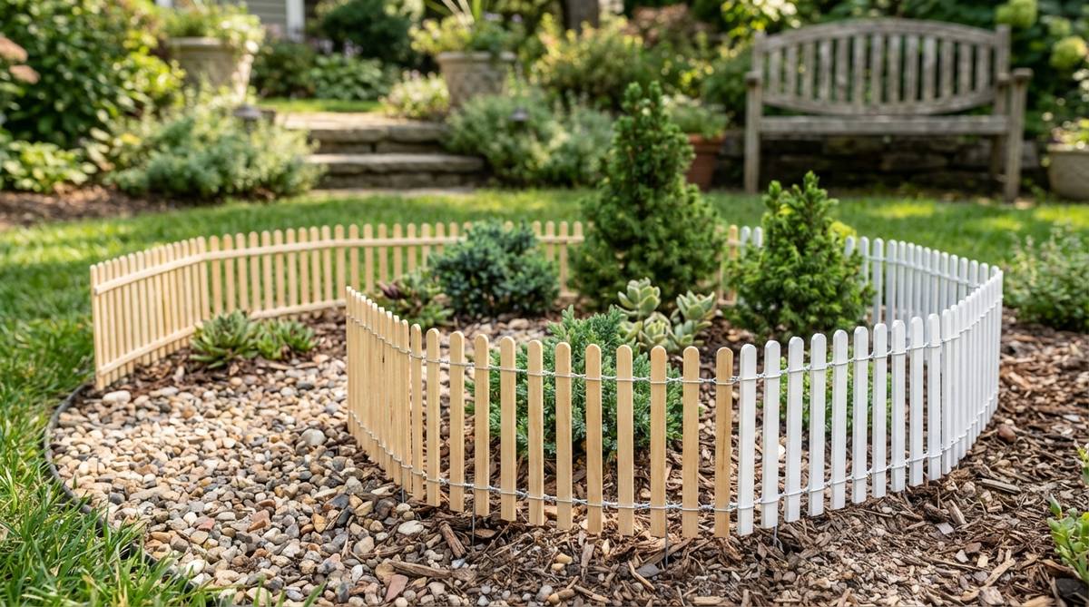A close-up photo showing delicate matchstick picket fencing constructed for miniature gardens. Wooden matchsticks with heads removed are glued vertically to thin craft wire, creating perfectly scaled fencing that curves smoothly. The thin 2mm profile maintains proper scale even at close viewing distances, with natural wood finish or crisp white paint options visible. The fencing is shown positioned with slight spacing between matchsticks, demonstrating how the wire backing allows direct insertion into garden substrate without additional support structures.