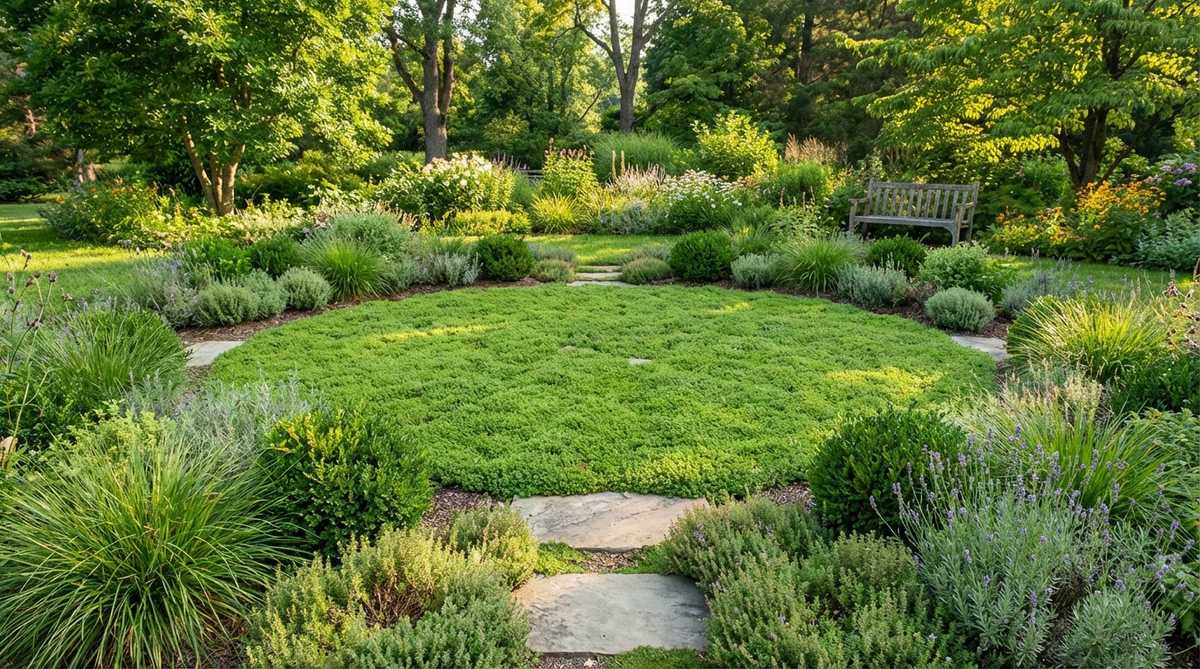 A serene circular patch of lawn or groundcover, defined by low planting, creating a dedicated space for meditation and calm in a garden. The smooth interior surface invites barefoot walking or picnics, with the round form drawing focus inward for relaxation and cloud-watching.