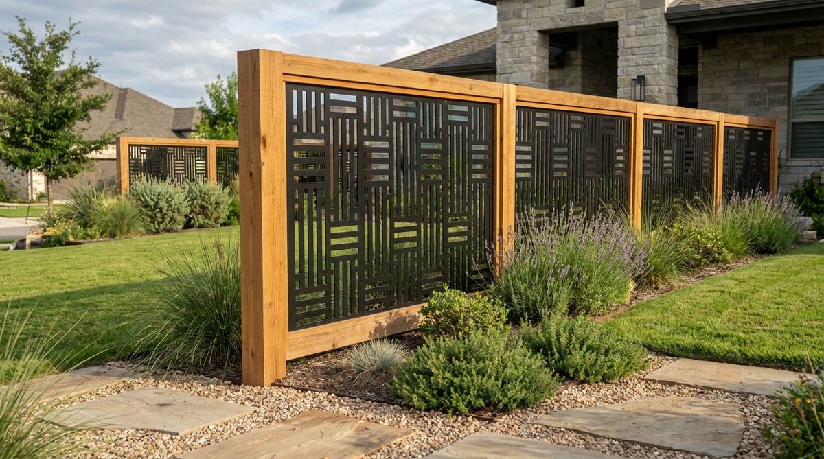 A modern garden fence featuring decorative metal lattice or laser-cut panels mounted in a wood frame, combining open airiness with defined boundaries for security and visibility. Ideal for front yards with semi-transparent boundaries, showcasing intricate or bold geometric patterns in powder-coated finishes to prevent rust and coordinate with landscape colors.