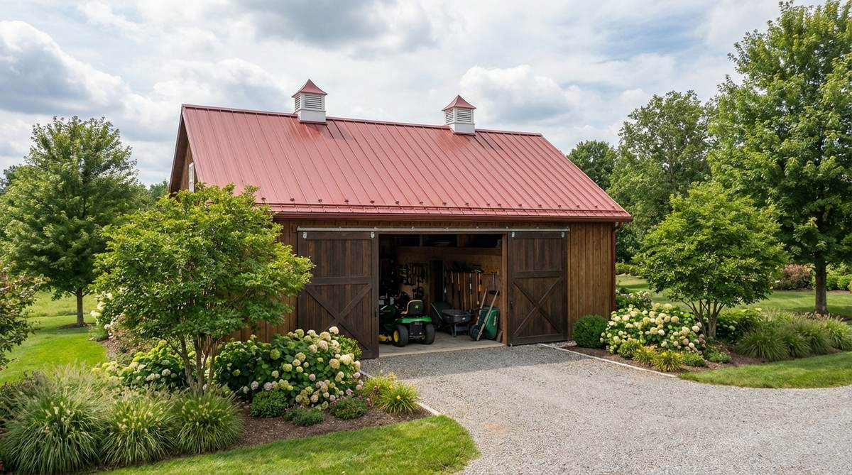 A wood-framed equipment barn featuring durable standing-seam metal roofing in classic barn red, forest green, or galvanized silver. The structure includes wide double doors for easy access to lawn tractors and wheelbarrows, with interior storage solutions for bicycles and tools. Cupolas and ridge vents provide ventilation to protect stored equipment.