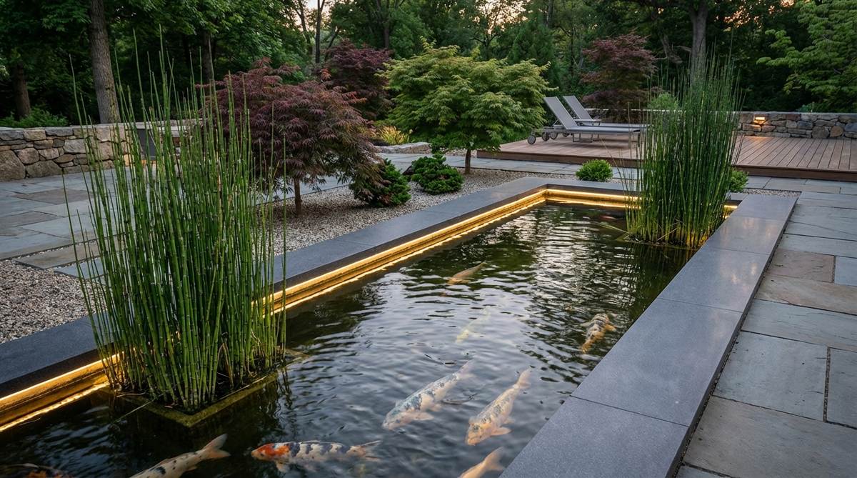 A modern Japanese garden pond with clean, geometric rectangular edges made of poured concrete, contrasting with the organic movement of koi fish and architectural plants like horsetail reed. The design features polished concrete in charcoal or earth tones, reflecting water and integrated LED lighting for nighttime illumination, embodying simplicity and restraint in a contemporary setting.
