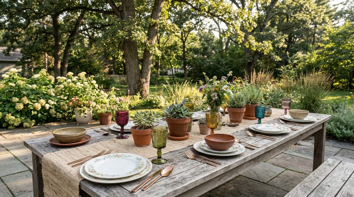 An eclectic table setting featuring mismatched vintage plates, glasses, and flatware in complementary patterns for a boho decor birthday theme. Mix of floral china with solid earthenware and gold and copper metallic accents creates a personally curated, casually elegant look.
