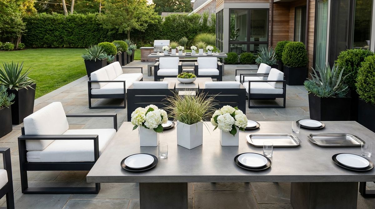A sophisticated contemporary garden party setup featuring an all-white or black-and-white palette, with clean-lined furniture, simple geometric centerpieces, and uncluttered surfaces. Neutral tableware, single-variety floral arrangements, and streamlined serving pieces highlight architectural plants and the garden location without competing decorative elements.