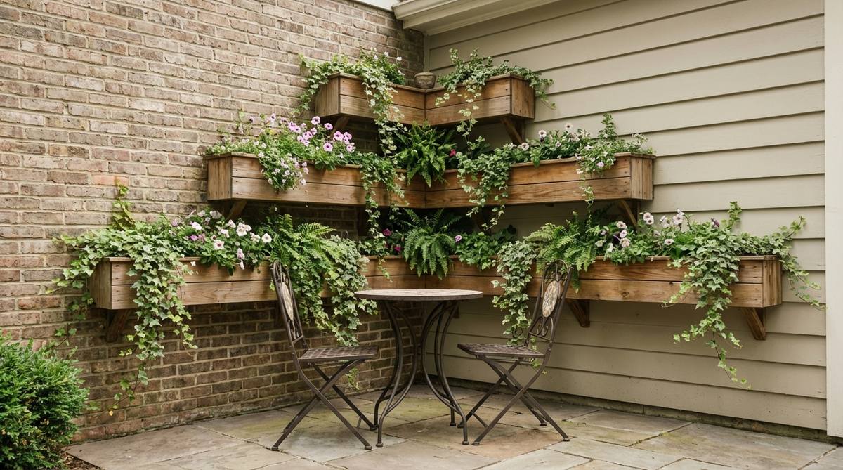 An image showing modular sectional pieces arranged in an L-shape in a cozy garden setting, with armless middle units and corner wedge pieces for flexible reconfiguration.