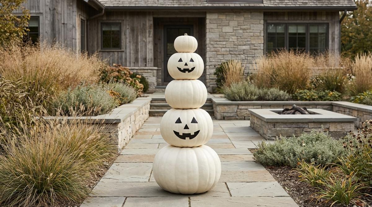 A minimalist stack of white pumpkins arranged vertically from large to small, ideal for boho or modern Halloween decor. Features clean lines and optional painted faces for subtle festive touches.
