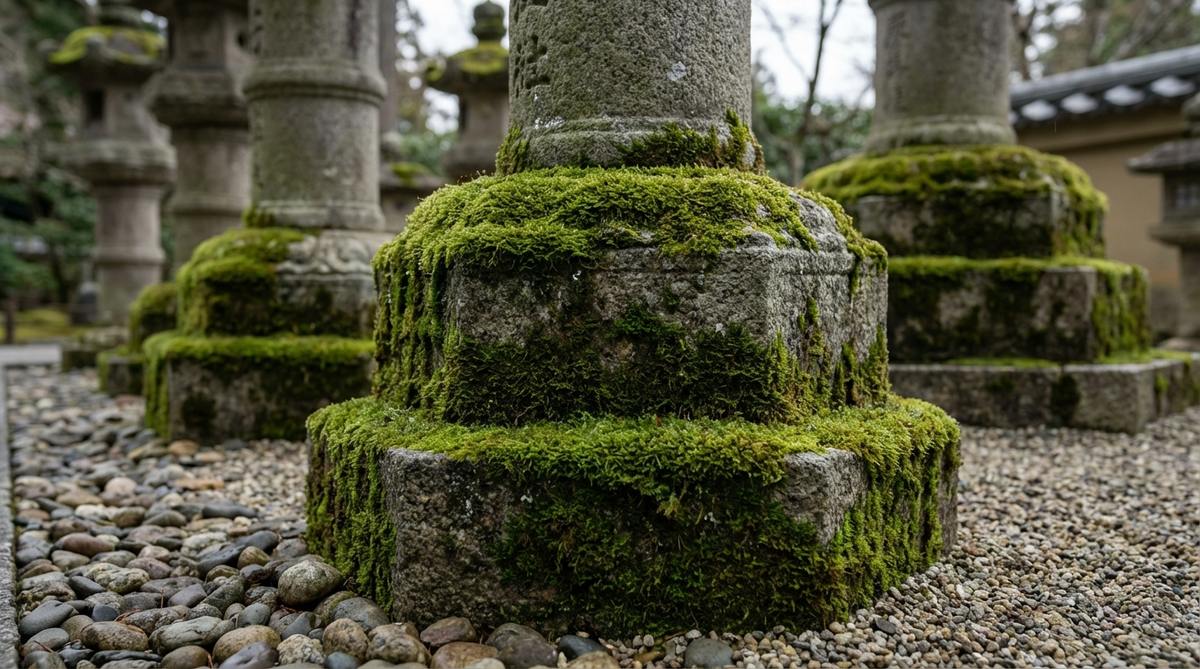 A close-up view of lush green moss naturally growing around the base of traditional stone lanterns in a Japanese garden. The vibrant moss contrasts beautifully with the weathered gray granite, embodying the wabi-sabi aesthetic of embracing age and imperfection. This detail shot illustrates how moss transplantation creates a sense of permanence and historical depth in garden design.