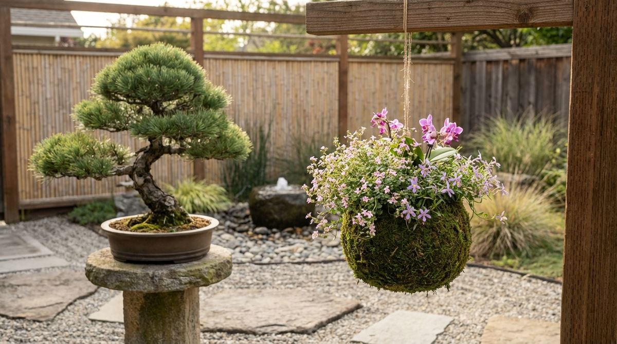 A kokedama moss ball suspended near a bonsai display, featuring delicate flowering plants like Baby's Tears, miniature orchids, Isotoma, or Pratia. The spherical form echoes the rounded canopy of a well-trimmed bonsai, with subtle floral colors complementing the bonsai's architecture. Hung at eye level, it creates a minimalist visual conversation in a zen garden setting.