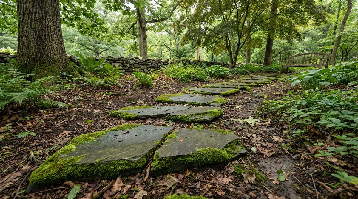 Broken slate pieces with moss colonizing their edges, creating an aged, woodland aesthetic in a stepping stones garden. The moss softens hard edges and adds vibrant green contrast, ideal for damp, partially shaded areas where conventional grass struggles.