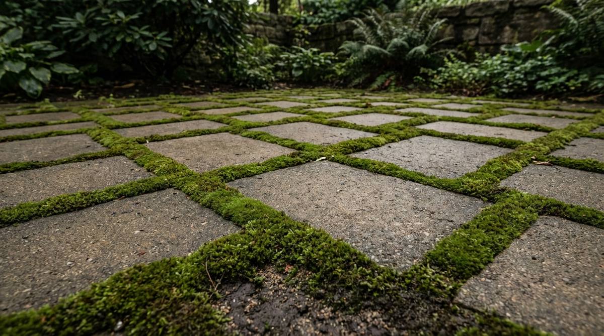 A close-up view of concrete pavers with 2-inch gaps filled with lush green moss, softening the hard edges while maintaining a geometric grid structure. The moss fragments, introduced into a soil-sand mixture, thrive in shaded areas, adding temporal change and connecting mineral surfaces to natural garden processes in a modern Zen garden setting.