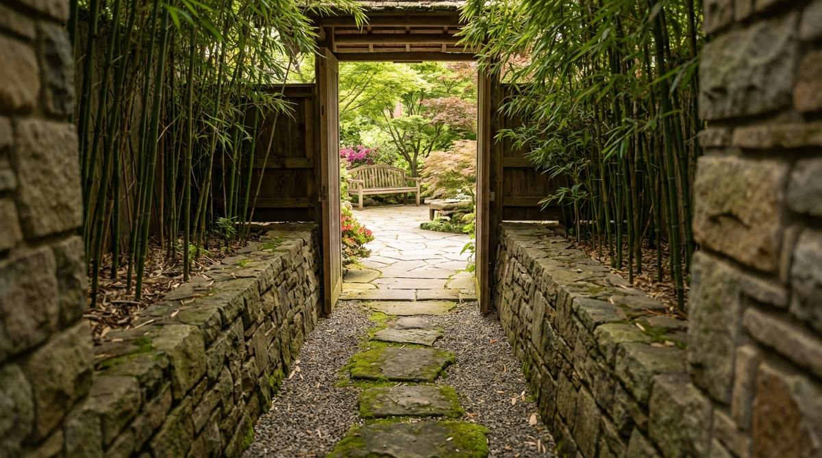 A narrow passage in a Japanese garden, constricting between stone walls or bamboo groves to create psychological compression, with a width of 24-30 inches and a length of 15-20 feet, leading to a broader, more expansive space.