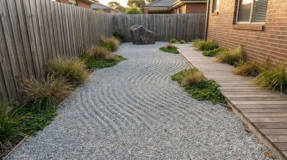 A narrow side-yard transformed into a linear zen garden with raked patterns and a single boulder at the end, emphasizing depth and simplicity for meditation.