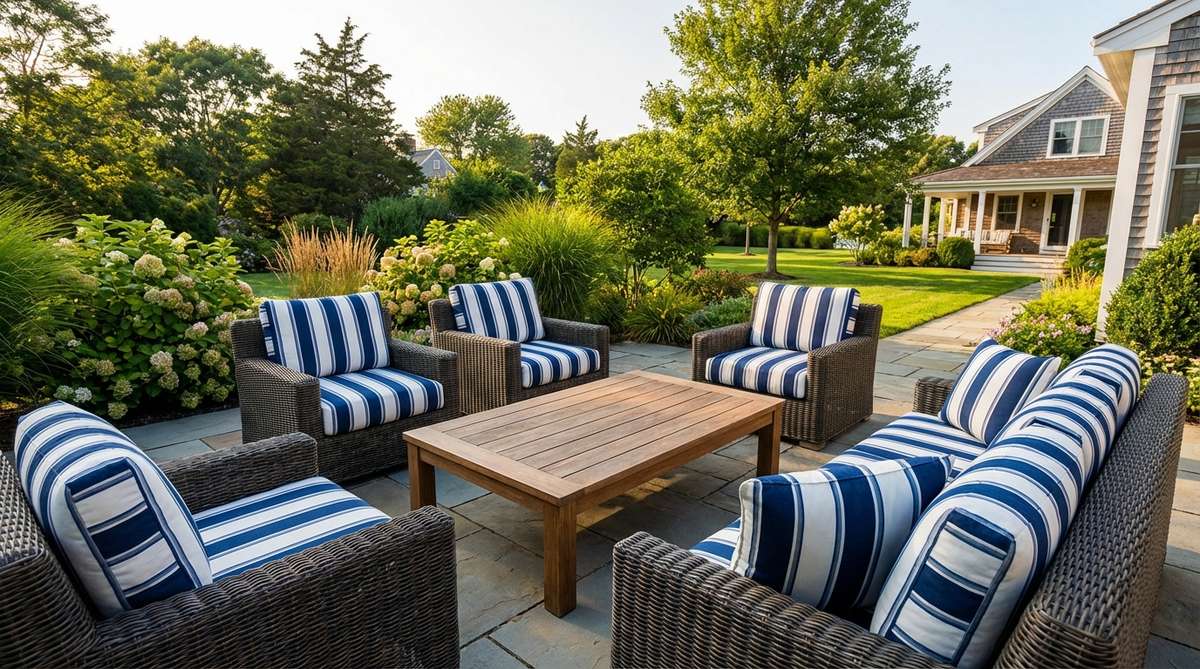 Classic navy and white striped outdoor cushions arranged on patio furniture, featuring high-contrast cabana stripes in varying widths. The cushions are made from durable Sunbrella fabric that maintains color saturation in sunlight, creating a cohesive coastal aesthetic for summer outdoor decor.