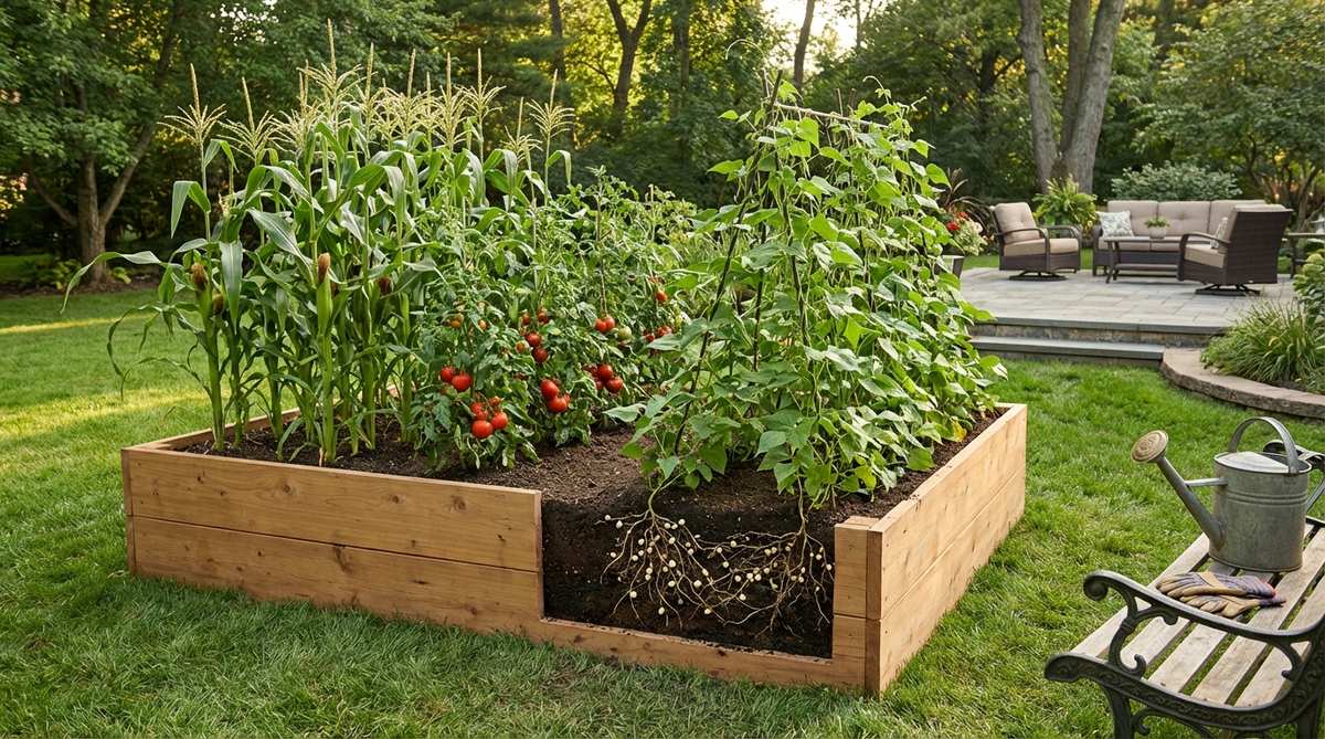 Illustration showing companion planting of beans with nitrogen-hungry crops like corn and tomatoes in a raised garden bed. The image depicts bean roots with rhizobia bacteria nodules converting atmospheric nitrogen, with beans positioned on the east side to avoid shading other plants. Visual representation of natural fertilization through nitrogen fixation.