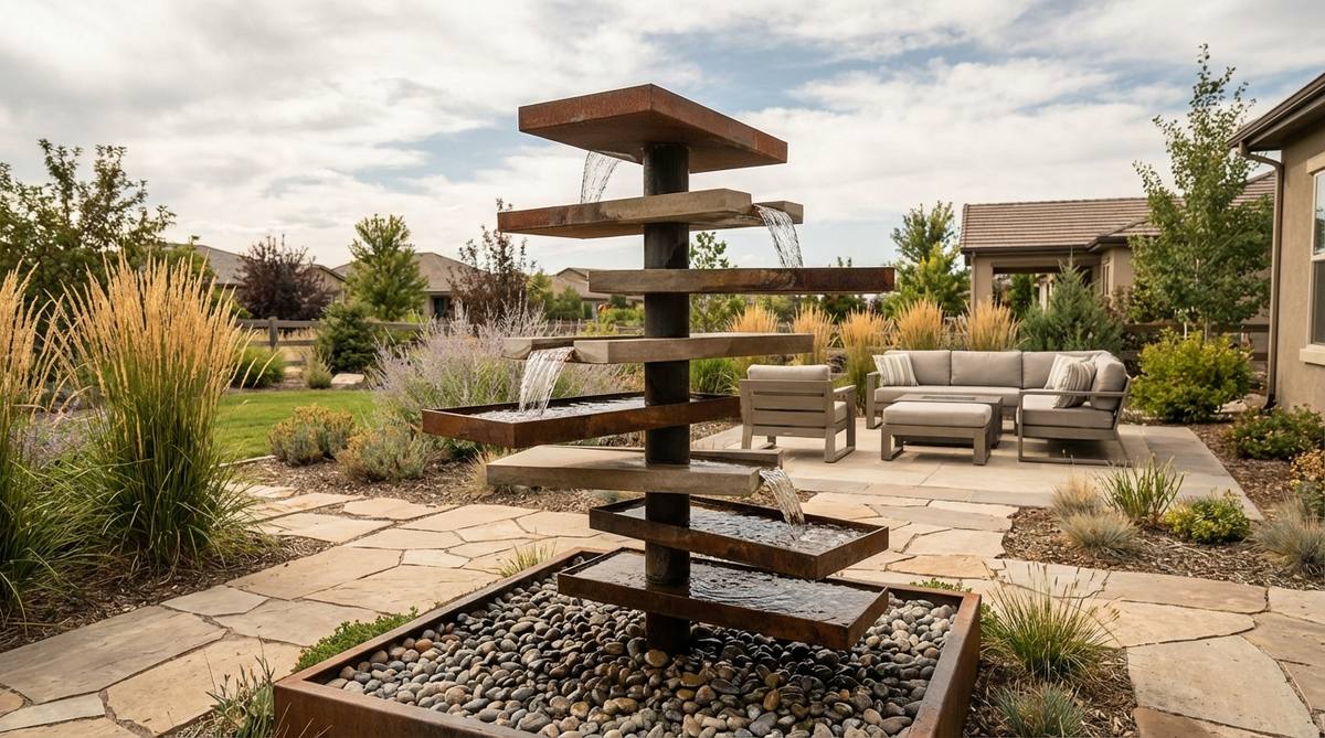A modern garden fountain featuring rectangular plates mounted at alternating offsets along a central support, creating a spiraling cascade as water flows from plate to plate. The offset geometry provides varied viewing angles and influences water trajectory, with greater offset enhancing the spiral effect.