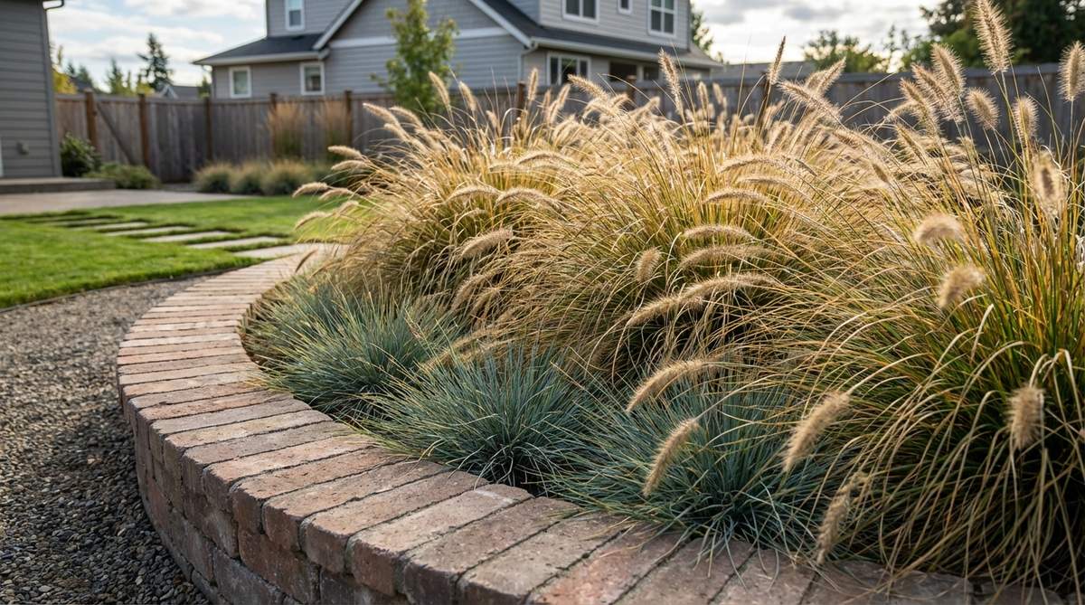 Fountain grasses and low-growing sedges cascading over a brick border, creating dynamic movement and textural contrast in a contemporary garden design. The fine-textured foliage softens angular brick profiles while maintaining a defined edge, with arching stems draped forward to display natural growth habits. This combination thrives in landscapes where ornamental grasses develop attractive seed heads that persist through winter, extending seasonal interest.