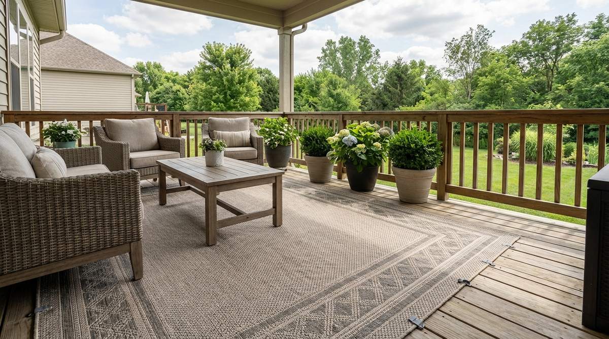 A polypropylene outdoor rug defining a seating area on a balcony, featuring a neutral geometric pattern that resists fading, mildew, and moisture damage. The rug extends appropriately beyond furniture with secured edges for safety.