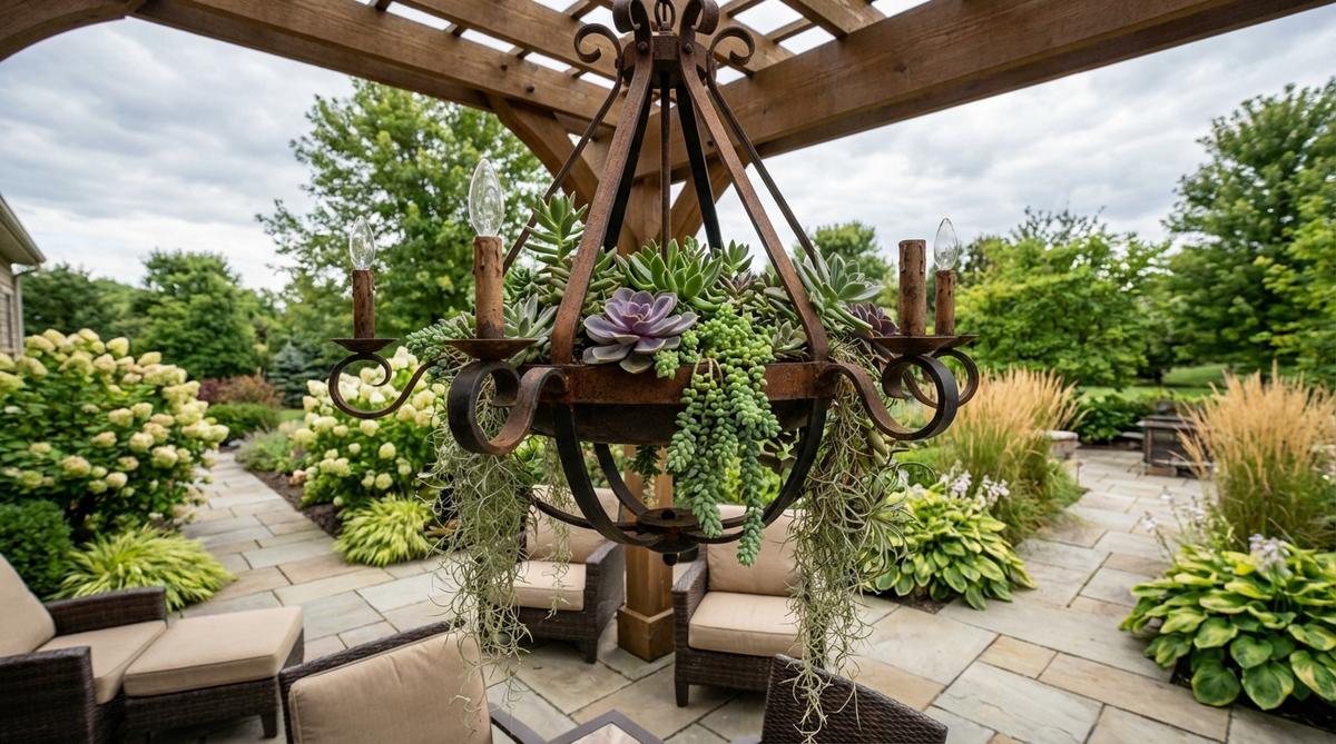 A vintage chandelier repurposed into a hanging planter with succulents or air plants, featuring rust-resistant finishes for outdoor decor.