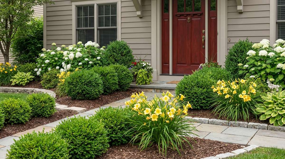 A vibrant front door in a bold color, such as red or navy, serving as a focal point in a small front garden. The door is surrounded by coordinated plantings, like green foliage or white and yellow flowers, creating a cohesive and visually appealing landscape composition that enhances curb appeal.