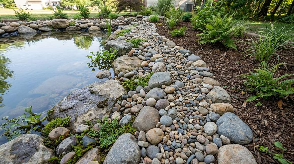 A naturalistic arrangement of mixed-size river pebbles along pond edges, creating a seamless transition between water and landscape. The varied shapes and colors mimic stream banks, with larger stones placed first and smaller pebbles filling gaps to conceal pond liner edges and provide habitat for amphibians.
