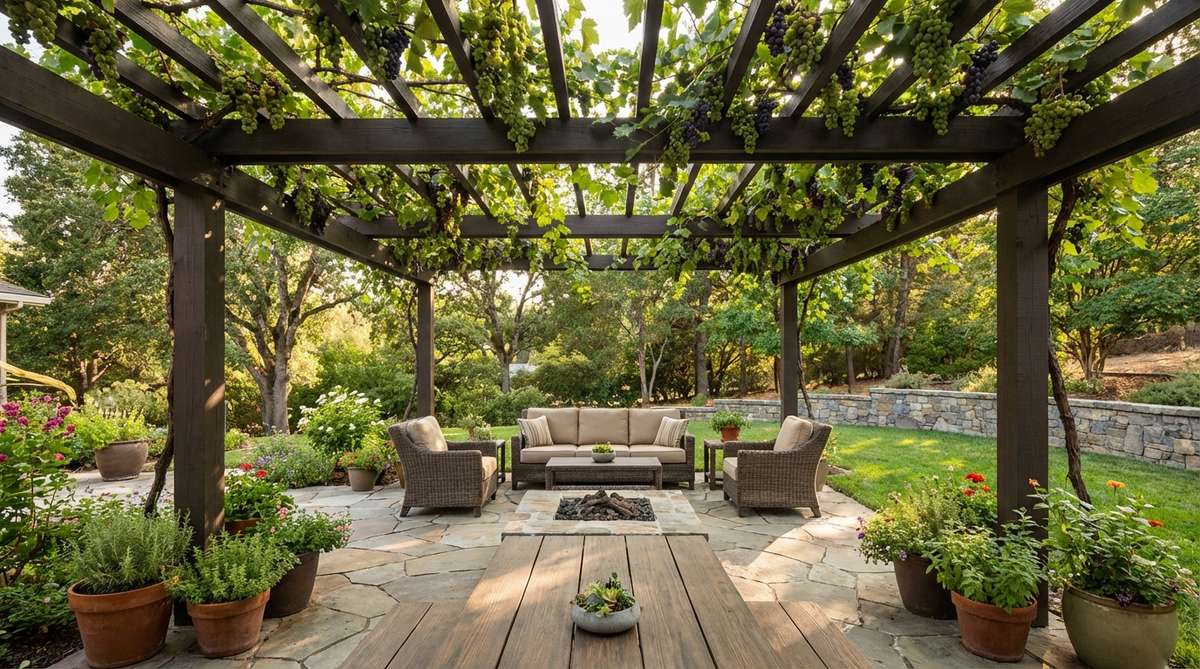 A modern garden pergola-style trellis roof creating dappled shade over a patio with climbing vines. The horizontal roof structure supports grapevines or kiwi plants for both food production and aesthetic beauty, defining an intimate outdoor living space with proper sunlight penetration and air circulation.