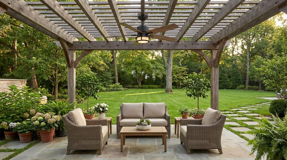 A small garden pergola with an outdoor-rated ceiling fan mounted to the beams, providing air circulation and cooling during hot weather. The fan is positioned over a seating area, enhancing comfort and extending usable outdoor time.