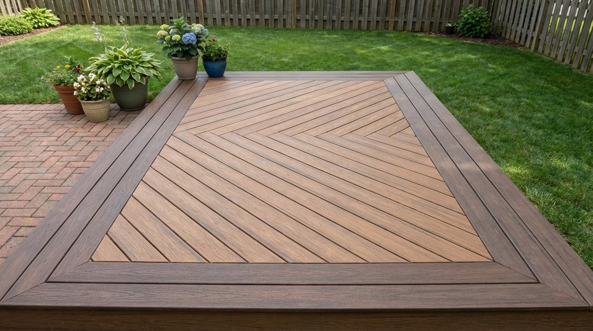 A small garden deck with picture frame borders, showing boards running perpendicular to the main field direction to create a framing effect that defines the deck edge. The border extends inward by 8 to 12 inches around the perimeter, creating visual weight that anchors the design, particularly effective with diagonal or herringbone patterns in the main field.
