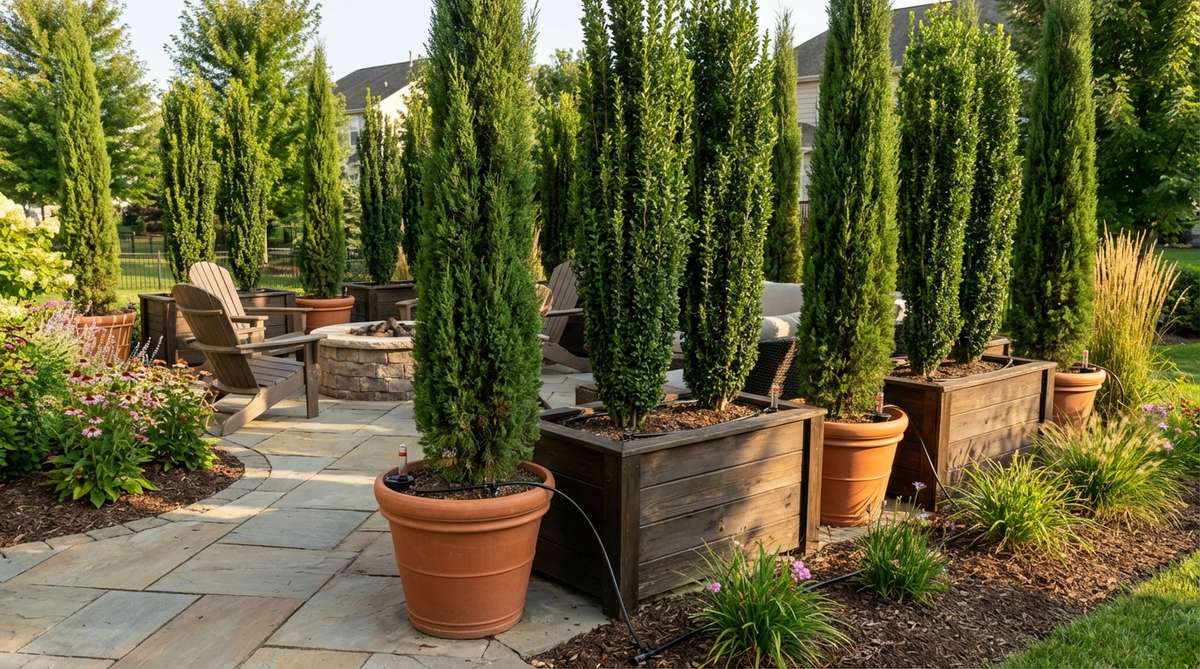 A cozy garden setting featuring large containers with columnar evergreens such as Italian cypress or Sky Pencil holly, arranged to create a portable privacy screen. Ideal for renters or homeowners seeking flexible garden designs, with self-watering planters or drip irrigation systems to reduce maintenance.