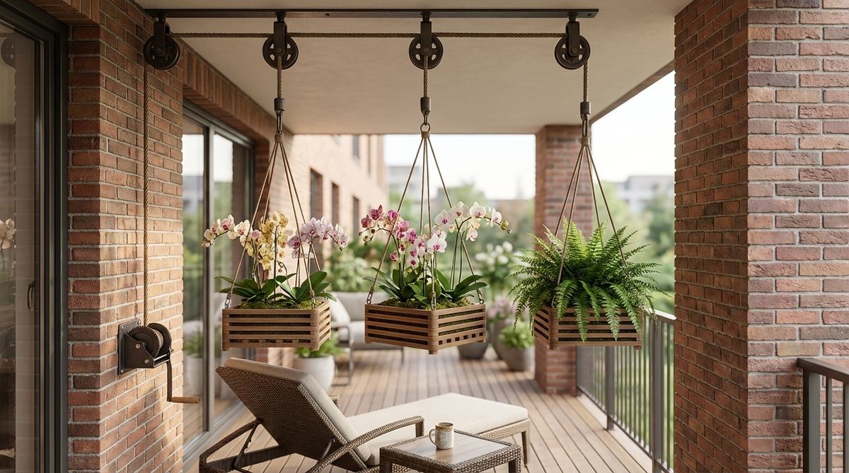 A retractable pulley system for planters on a balcony, featuring marine-grade pulleys that resist corrosion, allowing easy lowering for watering and maintenance of plants like orchids or tropical species, ideal for high-ceiling balconies.