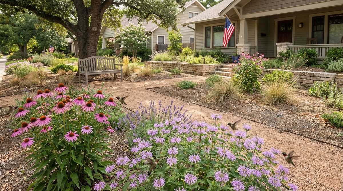 A vibrant gravel garden bed featuring clusters of Echinacea purpurea (purple coneflower) with pink-purple daisy-like flowers and Monarda fistulosa (bee balm or wild bergamot) with lavender whorled blooms, attracting hummingbirds and thriving in dry conditions with occasional watering.