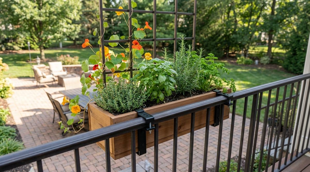 A rail-mounted window box with a slim trellis attached, showcasing a mini herb garden with compact herbs and climbing plants like nasturtium. The setup is securely clamped to a balcony railing, featuring corrosion-resistant hardware for durability. This vertical gardening solution combines culinary herbs with decorative foliage in a single space-saving fixture.