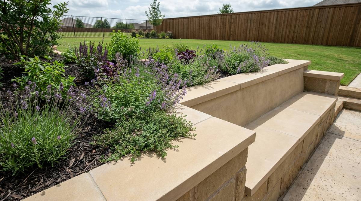 A contemporary garden bench design that combines a raised bed retaining wall with flat cap stones serving as impromptu seating. The dual-purpose structure features smooth stone or concrete caps at 16-18 inches height, creating comfortable seating along planting edges while defining garden beds. Low-growing perennials spill over the edges, adding color and texture as a living backdrop for seated guests.
