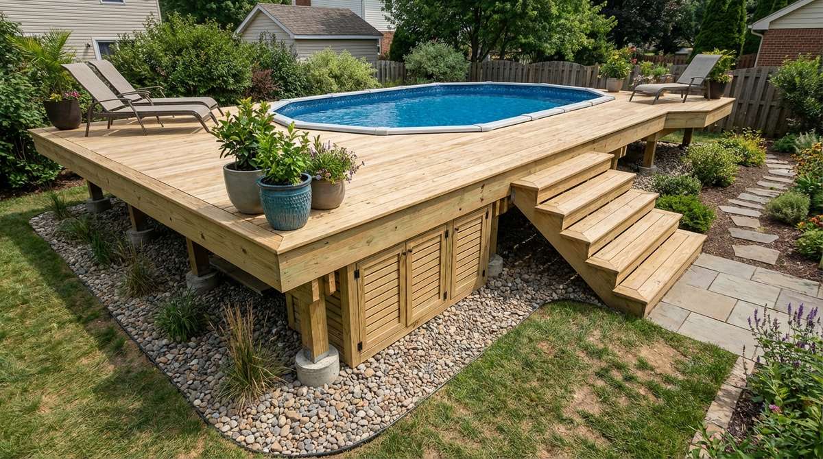 An above-ground pool installed on a raised platform deck, 18-24 inches above ground level, in a small garden setting. The deck features wide perimeters for lounging and built-in storage underneath, with proper footings and joists to support water weight. This design addresses drainage issues, improves views, and creates dynamic spatial layers in flat yards, offering a cost-effective alternative to in-ground pools.