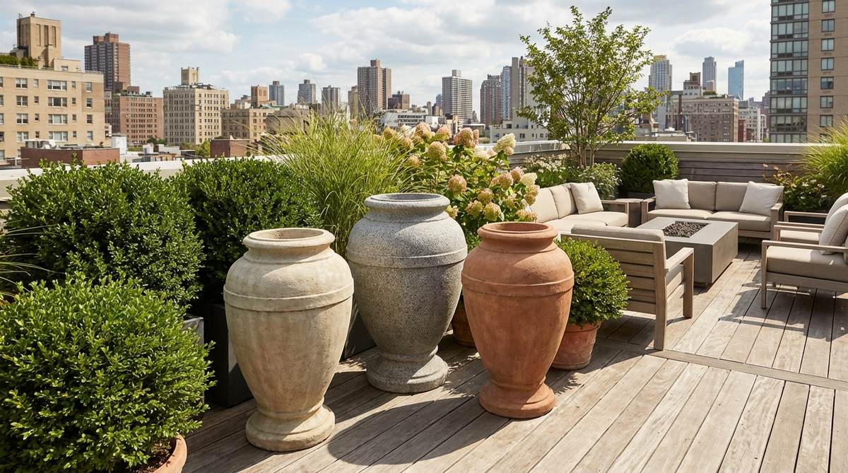 Lightweight resin faux stone urns that replicate natural materials like limestone, granite, or terracotta with 70% weight reduction. Ideal for balconies and rooftop gardens where structural load limits prohibit real stone. Features high-quality molds with fine surface detail and UV inhibitors for 5-7 year lifespan.